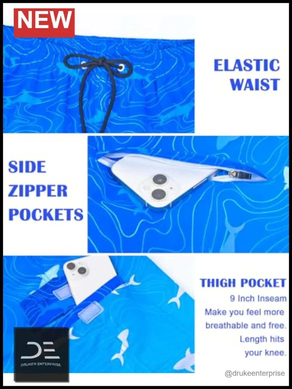 9 inch Quick Dry Board Shorts with Mesh Lining and Zipper Pockets